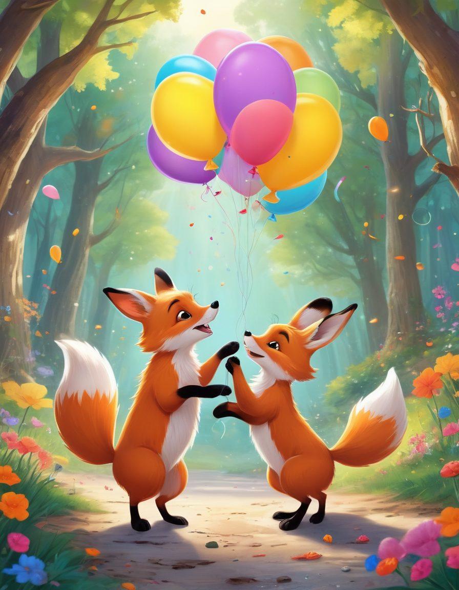 A whimsical illustration of playful animals, like a mischievous fox and a joyful rabbit, pulling light-hearted pranks in a vibrant, enchanted forest. Include elements such as colorful balloons, confetti, and laughing fairies to emphasize the cheerful atmosphere. The background should be filled with bright flowers and a sparkling river, conveying a sense of blissful joy. cartoon style. bright colors. playful and enchanting.