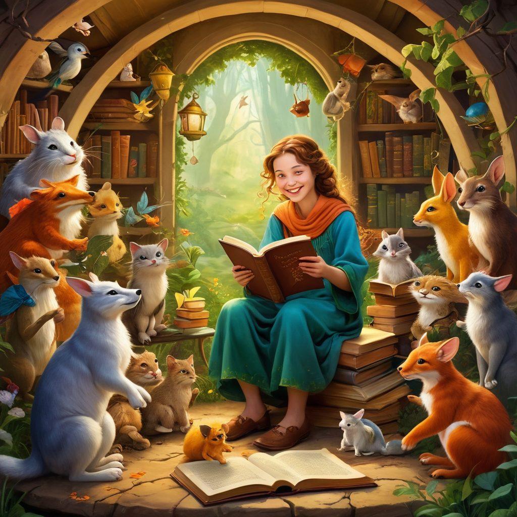 A whimsical scene depicting a cheerful storyteller surrounded by enchanted creatures, sharing funny myths and fables. Laughter fills the air as playful sprites and cartoonish animals engage with the lively narrative, showcasing scrolls and books with humorous illustrations. Bright colors and an inviting atmosphere create a sense of joy and creativity. magical realism. vibrant colors. playful style.