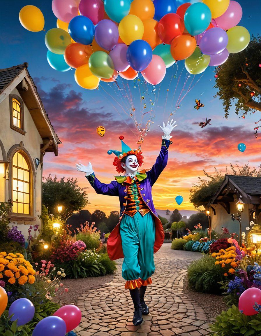 A whimsical scene depicting a playful jester in a vibrant garden, juggling colorful balls that have lighthearted faces, surrounded by enchanted creatures giggling at clever pranks. Bright flowers and twinkling fairy lights create an uplifting atmosphere, with floating balloons adding to the joyous deception. The background features a playful sunset sky. super-realistic. vibrant colors. fantasy art.